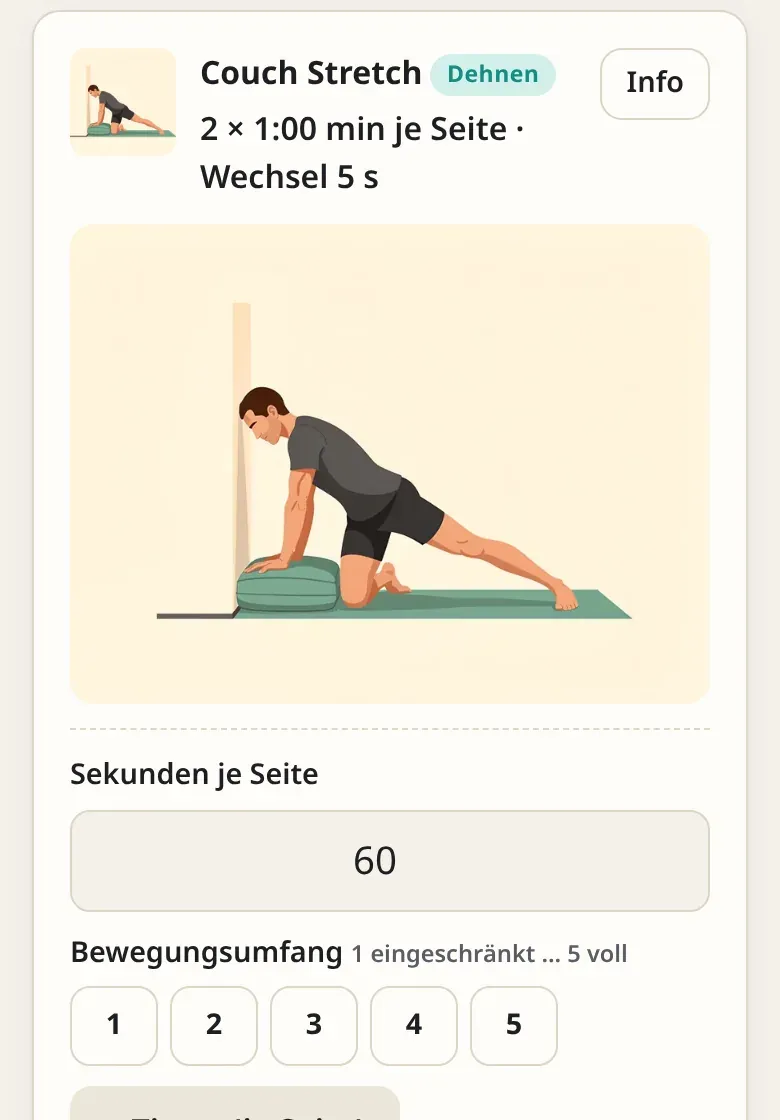 Übung Couch Stretch in der Einheit, mit Bild und Eingabe für Sekunden je Seite