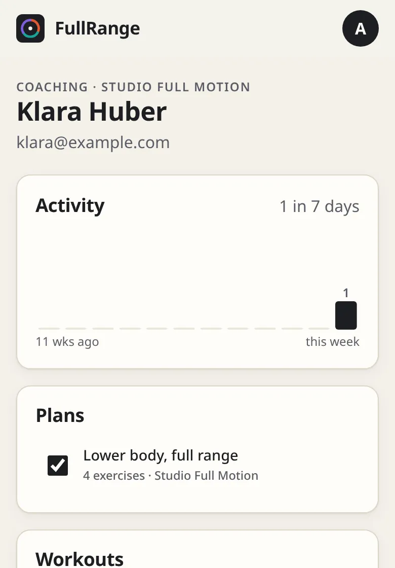 A client's page in the app: activity over the last weeks, assigned plans and workouts
