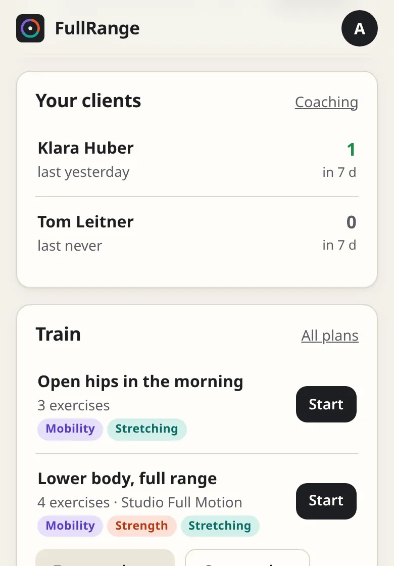 Home screen of a coach in the app with the card “Your clients”: two people with their last workout and the number of workouts in 7 days