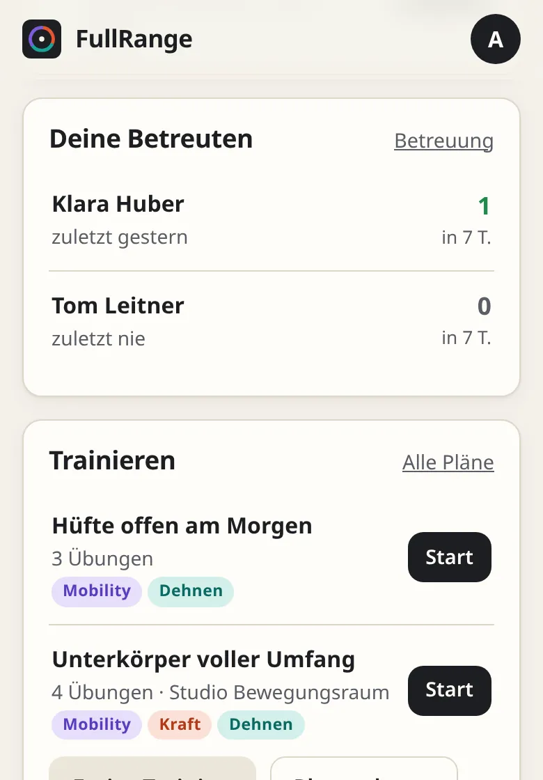 Startseite der App eines Coaches mit der Karte „Deine Betreuten“: zwei Personen mit ihrer letzten Einheit und der Zahl der Einheiten in 7 Tagen