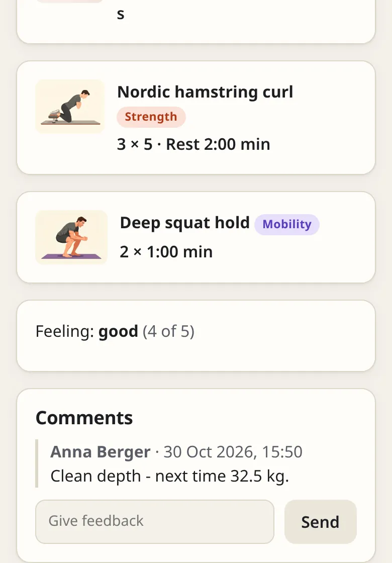 A client's finished workout with exercises, the feeling “good (4 of 5)” and the coach's comment