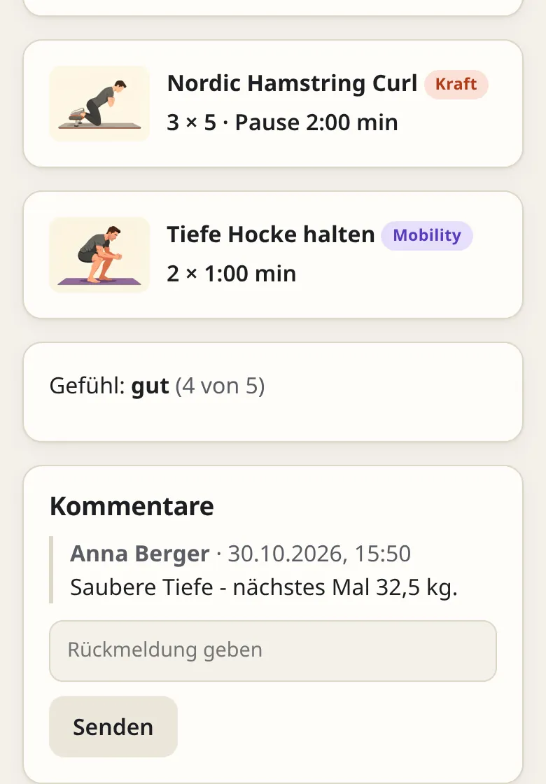 Abgeschlossene Einheit einer Betreuten mit Übungen, dem Gefühl „gut (4 von 5)“ und dem Kommentar des Coaches