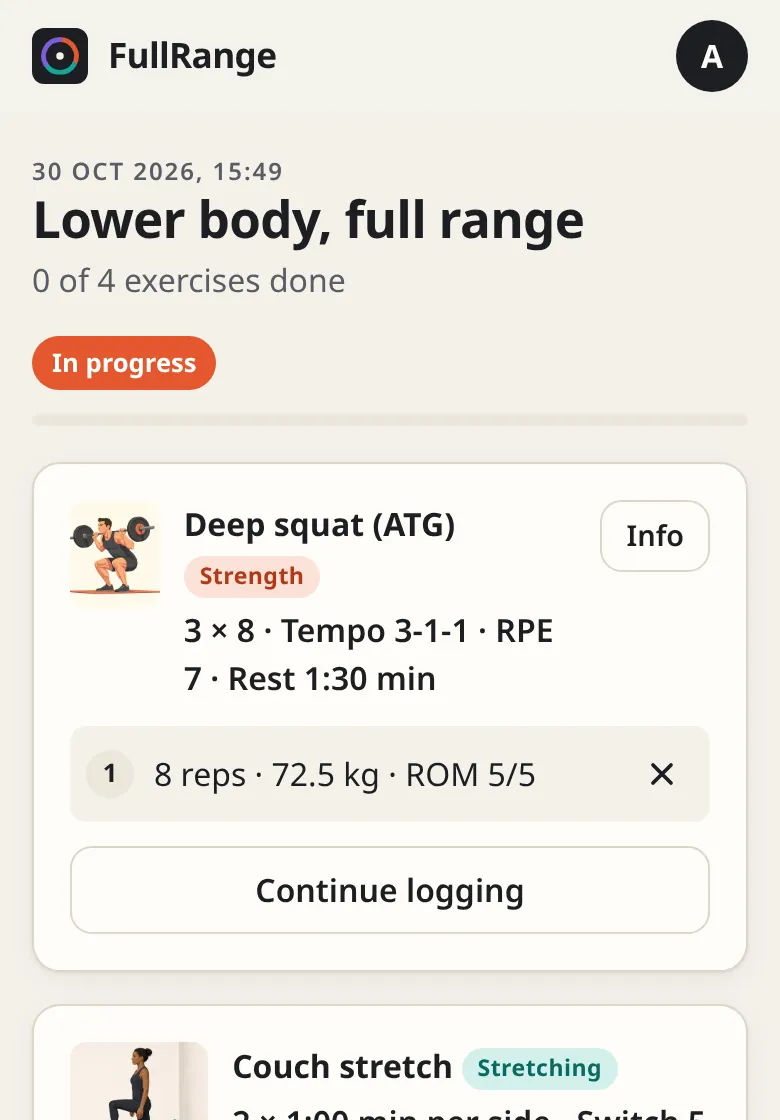 Workout in progress in the app: deep squat with the target 3 × 8, tempo 3-1-1, and the first logged set with 8 reps, 72.5 kg and range of motion 5 of 5