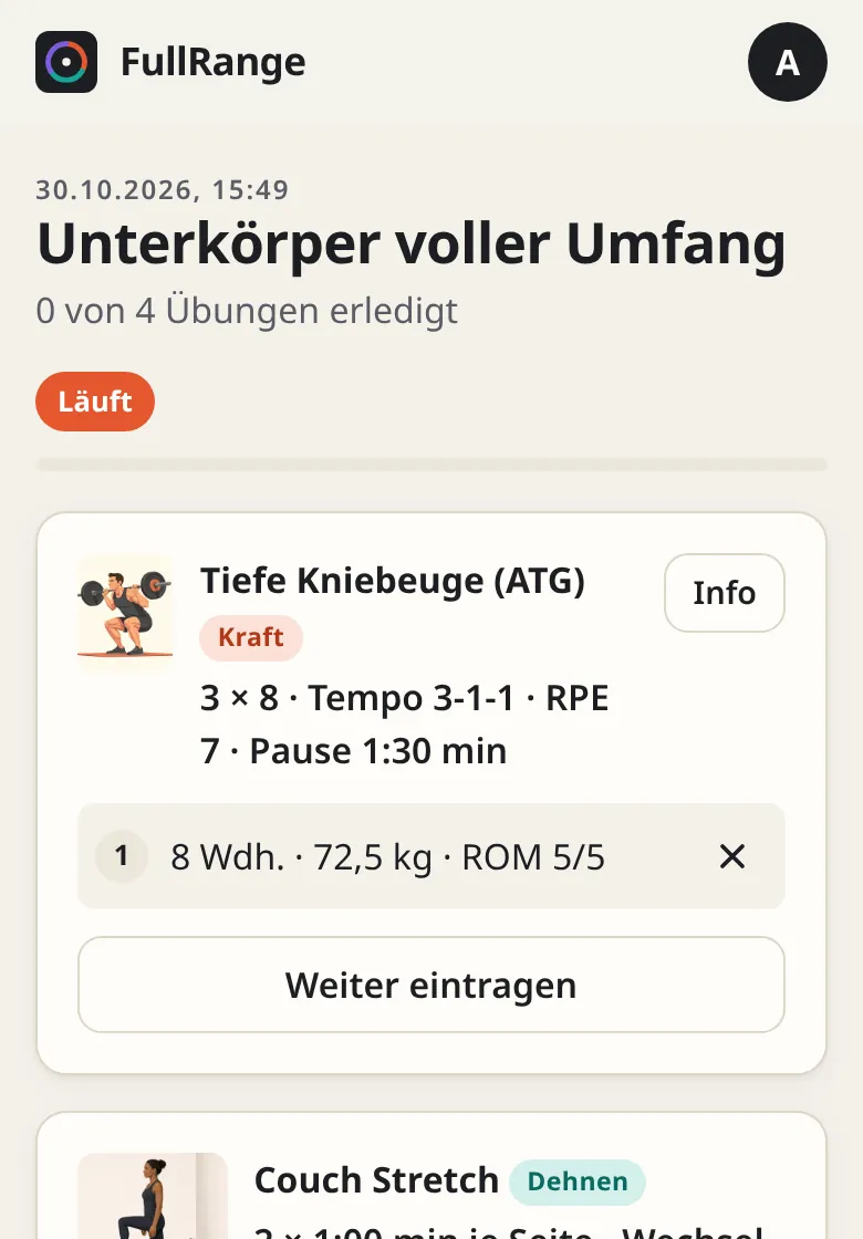 Laufende Einheit in der App: Tiefe Kniebeuge mit Vorgabe 3 × 8, Tempo 3-1-1, und dem ersten eingetragenen Satz mit 8 Wiederholungen, 72,5 kg und Bewegungsumfang 5 von 5