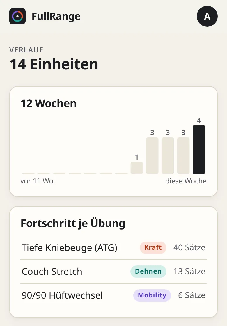 Verlauf in der App: 14 Einheiten, Balken der letzten 12 Wochen und Fortschritt je Übung mit der Zahl der Sätze