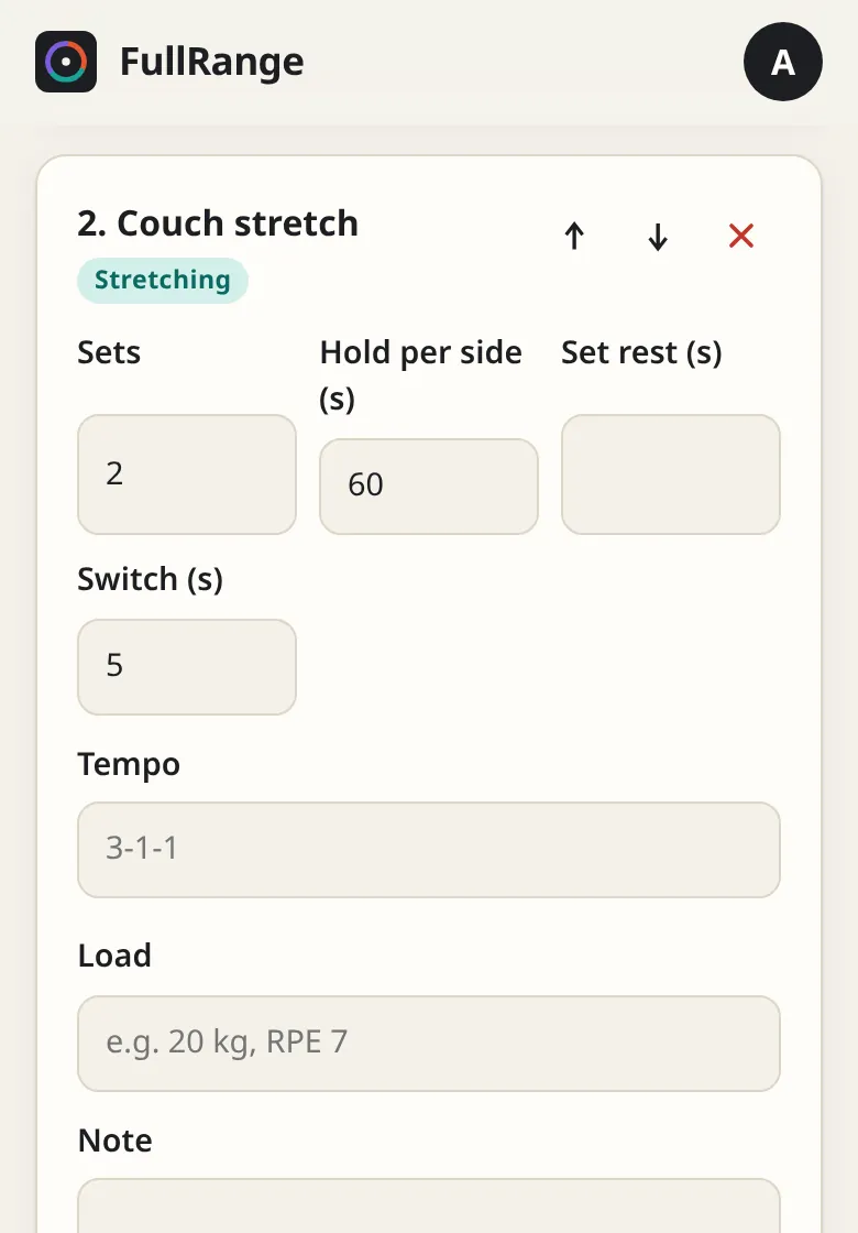 Editing a plan in the app: couch stretch with 2 sets, 60 seconds per side and a 5-second switch