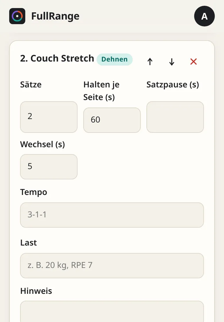 Plan bearbeiten in der App: Couch Stretch mit 2 Sätzen, 60 Sekunden je Seite und 5 Sekunden Wechsel