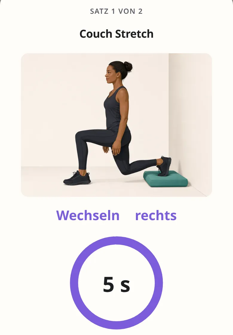 Timer in der App während der Wechselpause: Übungsbild Couch Stretch, „Satz 1 von 2“ und ein Ring mit 5 Sekunden
